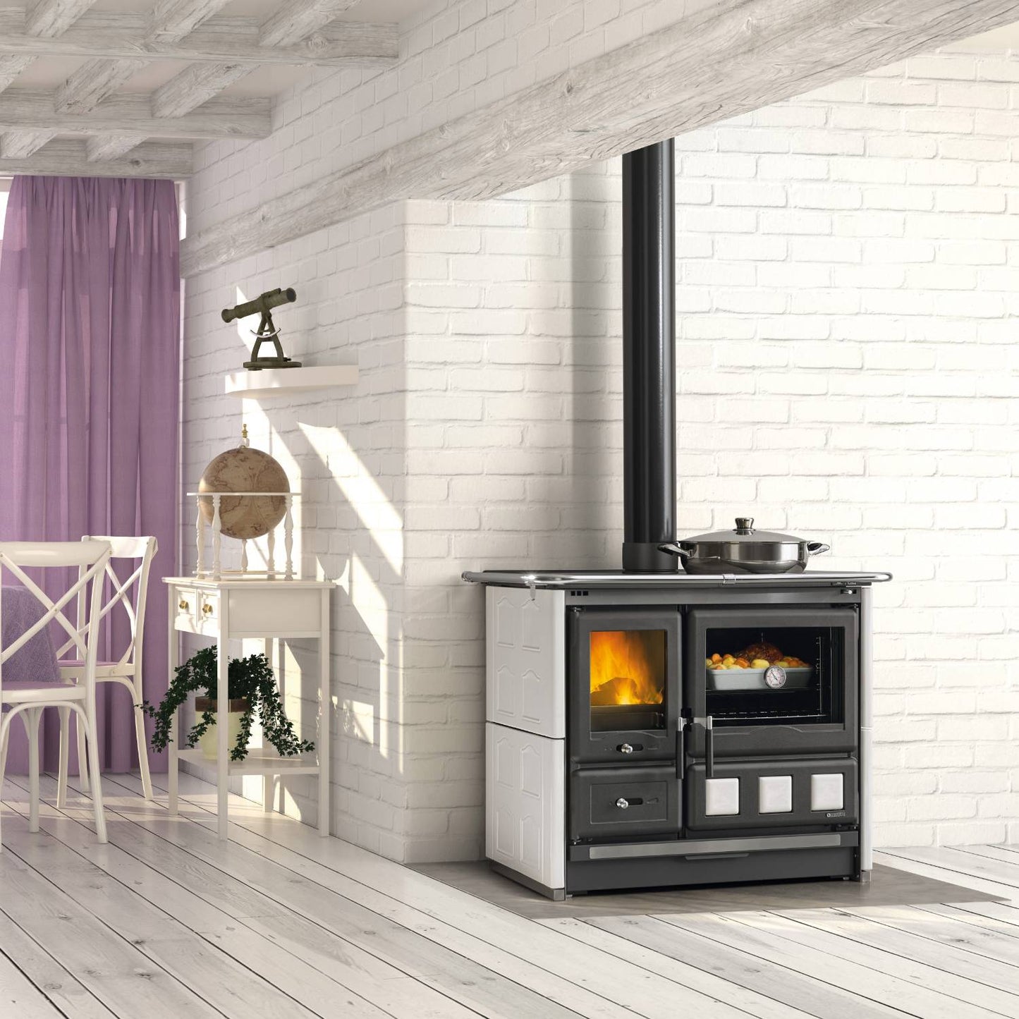 Freestanding wood cook stove with porcelain enameled steel oven door, polished cast iron cooking plates, extractable ash drawer, and cast iron hearth interior, ideal for stoves, cookstoves, best sellers, and all stoves & appliances collections in a bright, modern kitchen.