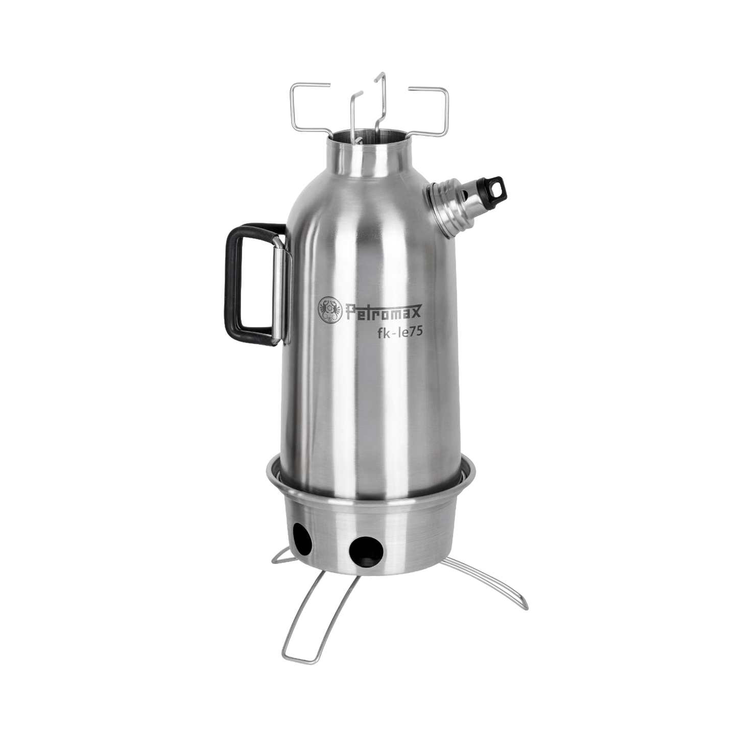 Handcrafted stainless steel fire kettle with double-wall design and screw-on lid, ideal for quick boiling and outdoor use in camping, farm, garden, and emergency supplies collections.