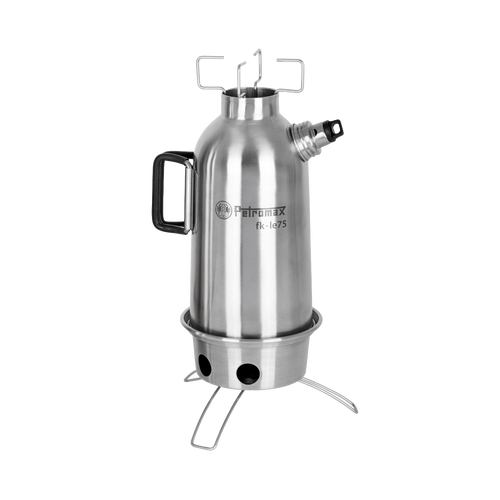 Handcrafted stainless steel fire kettle with double-wall design and screw-on lid, ideal for quick boiling and outdoor use in camping, farm, garden, and emergency supplies collections.