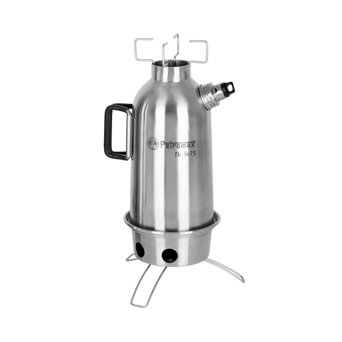 Handcrafted stainless steel fire kettle with double-wall design and screw-on lid, ideal for quick boiling and outdoor use in camping, farm, garden, and emergency supplies collections.