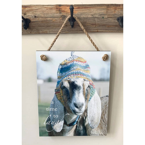 Handcrafted rope-hung wall plaque featuring a goat wearing a colorful knit hat with the uplifting Bible verse "a time to laugh," made in USA, perfect for Home & Decor and Best Sellers collections.