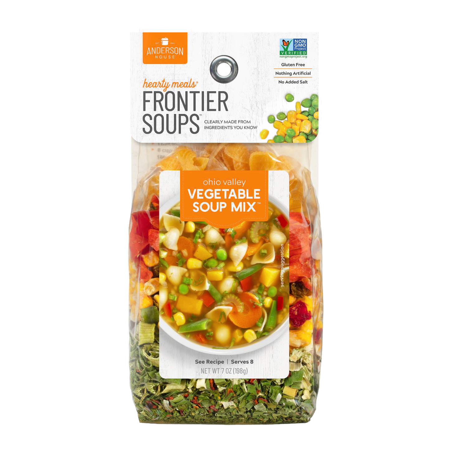 Clear bag of handcrafted gluten-free vegetable soup mix with natural dried vegetables including corn, peas, and carrots; part of Kitchen & Food, Pantry, Dry Goods and Mixes, Soups, Best Sellers, and Promo Eligible collections.