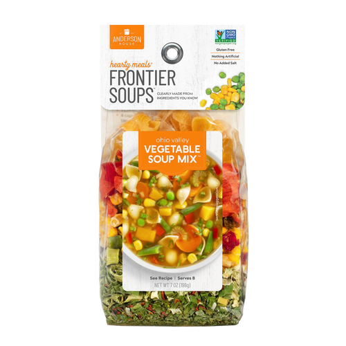 Clear bag of handcrafted gluten-free vegetable soup mix with natural dried vegetables including corn, peas, and carrots; part of Kitchen & Food, Pantry, Dry Goods and Mixes, Soups, Best Sellers, and Promo Eligible collections.