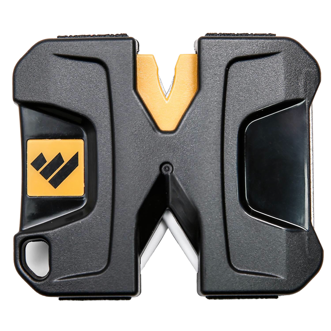 Compact handheld sharpener with a black and yellow body designed for knives, axes, and tools, ideal for on-the-go use in Farm, Garden & Tool and Kitchen & Food collections.