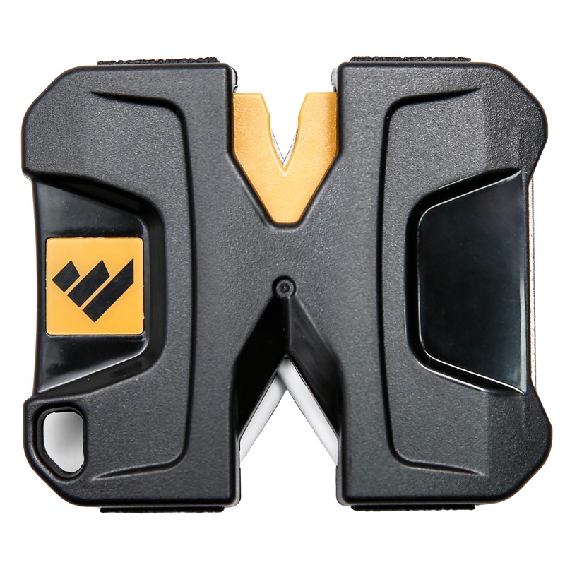 Compact handheld sharpener with a black and yellow body designed for knives, axes, and tools, ideal for on-the-go use in Farm, Garden & Tool and Kitchen & Food collections.