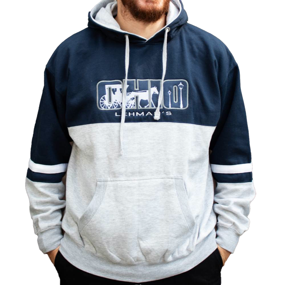 Handcrafted fleece pullover hoodie with color block design, arm stripes, front pouch pocket, drawstring hood, and embroidered Ohio graphic, perfect for Health & Wellness and clothing collections.
