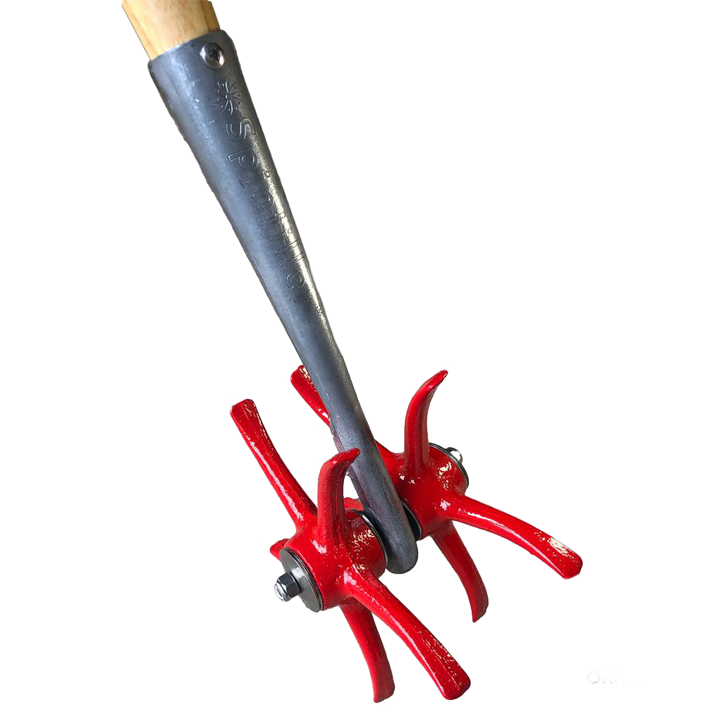 Handcrafted cultivator tool featuring a sturdy wooden handle and unique curved chisel tip spider tines in bright red, ideal for farm, garden, and digging tasks.