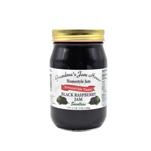 Handcrafted jar of black raspberry seedless jam with gold metal lid and white label featuring fruit illustrations and "Irresistible Taste" banner, made in USA, perfect for Kitchen & Food, Pantry, Peanut Butter & Jellies, Best Sellers, and Promo Eligible collections.