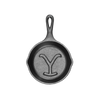 Top view of a handcrafted cast iron skillet featuring a raised "Power Y" design, made in USA, perfect for Kitchen & Food, Cookware, Cast Iron, USA Made, and Best Sellers collections.