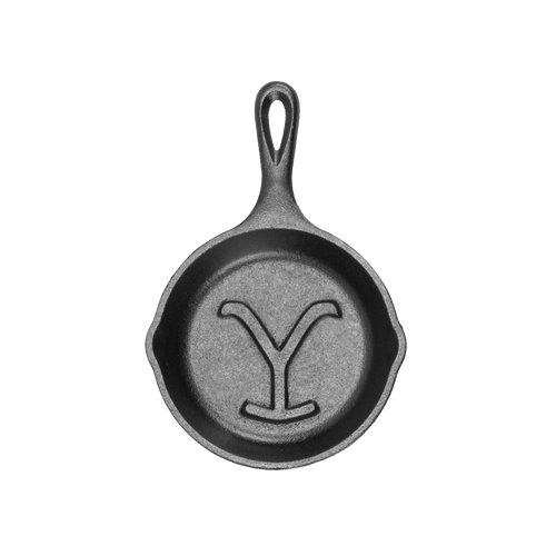 Top view of a handcrafted cast iron skillet featuring a raised "Power Y" design, made in USA, perfect for Kitchen & Food, Cookware, Cast Iron, USA Made, and Best Sellers collections.
