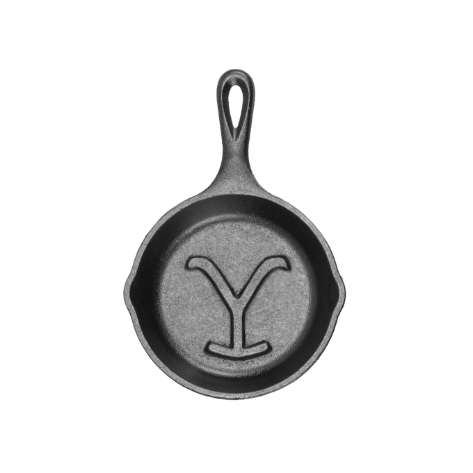 Top view of a handcrafted cast iron skillet featuring a raised "Power Y" design, made in USA, perfect for Kitchen & Food, Cookware, Cast Iron, USA Made, and Best Sellers collections.