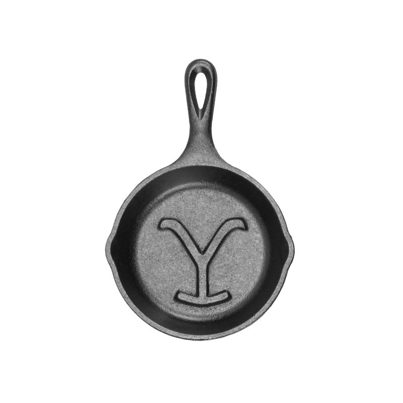 Top view of a handcrafted cast iron skillet featuring a raised "Power Y" design, made in USA, perfect for Kitchen & Food, Cookware, Cast Iron, USA Made, and Best Sellers collections.