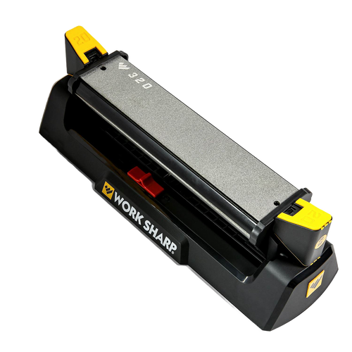Compact benchtop knife sharpener with angle guides, featuring coarse and fine abrasive surfaces in a black base with yellow adjustment knobs, ideal for Farm, Garden & Tool and Kitchen & Food collections.