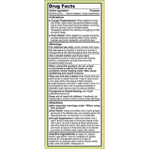 Label showing drug facts for topical analgesic and cough suppressant with herbal formula, detailing active ingredient, uses, warnings, directions, and inactive components, featured in Health & Wellness and Health Remedies collections.