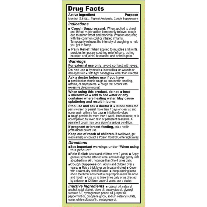Label showing drug facts for topical analgesic and cough suppressant with herbal formula, detailing active ingredient, uses, warnings, directions, and inactive components, featured in Health & Wellness and Health Remedies collections.