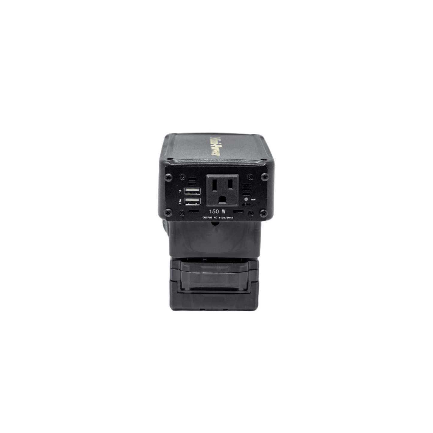 Compact black power inverter with one 110V outlet and dual USB ports, designed for portable use with tool batteries, part of Farm, Garden & Tool, Emergency Supplies, and Best Sellers collections.