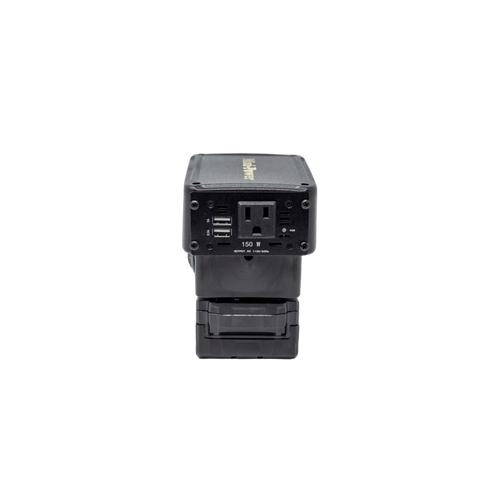 Compact black power inverter with one 110V outlet and dual USB ports, designed for portable use with tool batteries, part of Farm, Garden & Tool, Emergency Supplies, and Best Sellers collections.