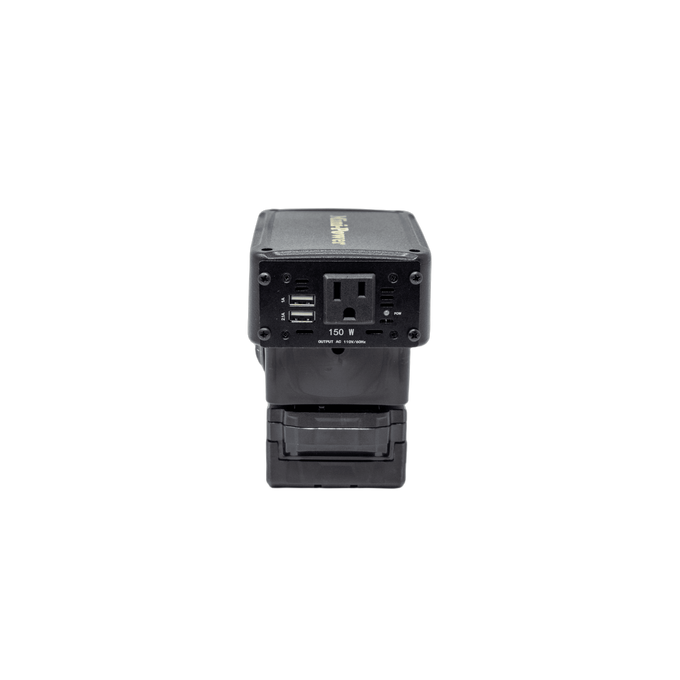 Compact black power inverter with one 110V outlet and dual USB ports, designed for portable use with tool batteries, part of Farm, Garden & Tool, Emergency Supplies, and Best Sellers collections.