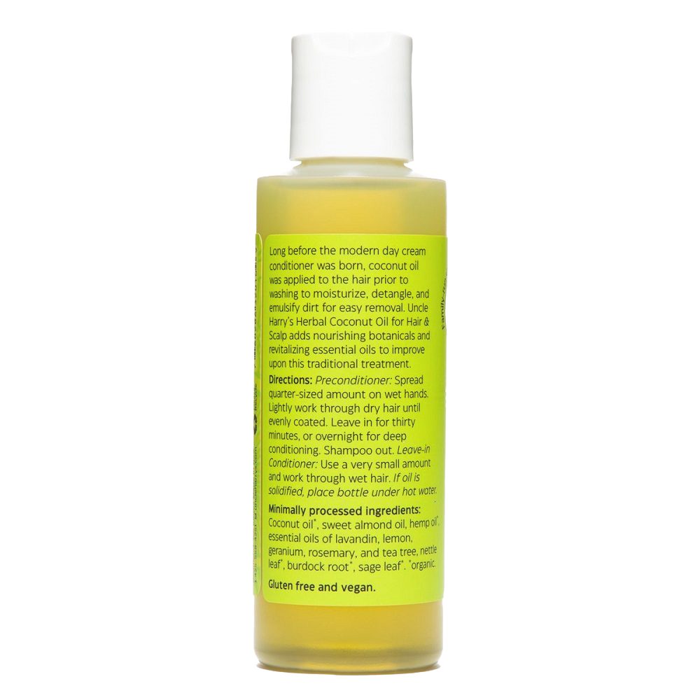 Handcrafted bottle of herbal coconut oil enriched with natural botanicals and essential oils for hair moisturizing and detangling, made in USA, featured in Health & Wellness and Grooming collections.