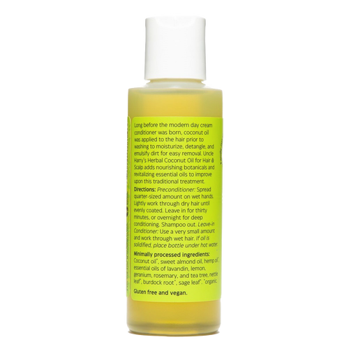 Handcrafted bottle of herbal coconut oil enriched with natural botanicals and essential oils for hair moisturizing and detangling, made in USA, featured in Health & Wellness and Grooming collections.