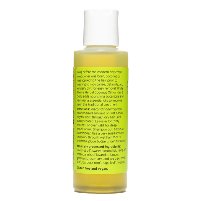 Handcrafted bottle of herbal coconut oil enriched with natural botanicals and essential oils for hair moisturizing and detangling, made in USA, featured in Health & Wellness and Grooming collections.