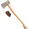 Handcrafted single bit axe with a high carbon steel blade and hickory handle, featuring a genuine leather blade guard, Amish made in the USA, ideal for wood cutting and hauling.