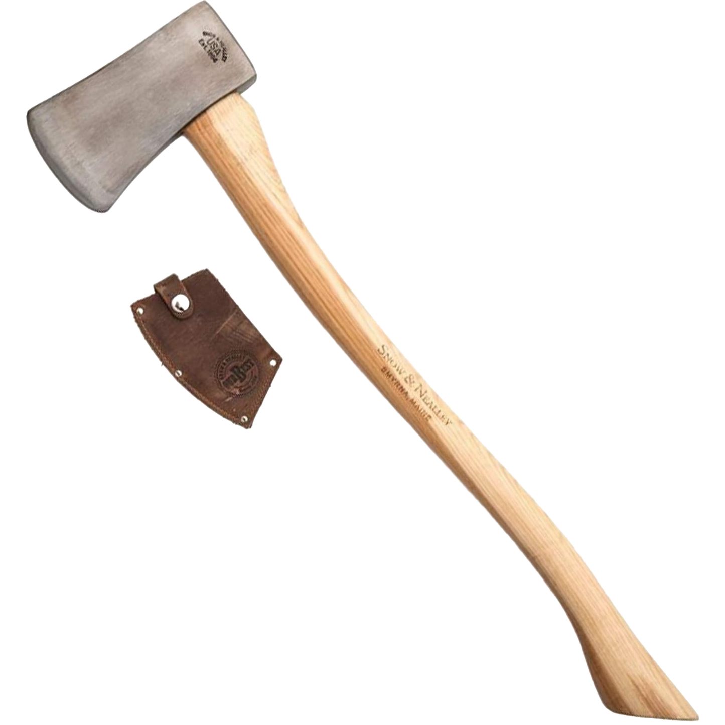 Handcrafted single bit axe with a high carbon steel blade and hickory handle, featuring a genuine leather blade guard, Amish made in the USA, ideal for wood cutting and hauling.