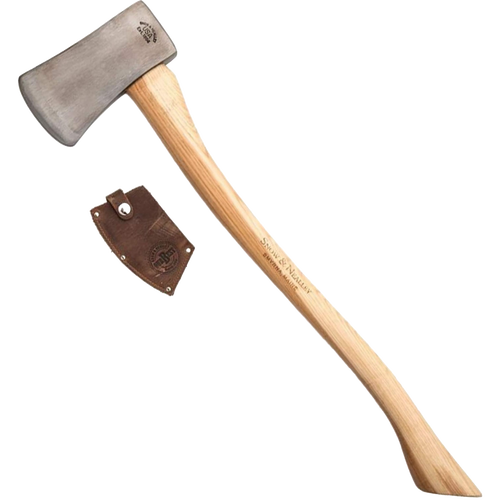 Handcrafted single bit axe with a high carbon steel blade and hickory handle, featuring a genuine leather blade guard, Amish made in the USA, ideal for wood cutting and hauling.