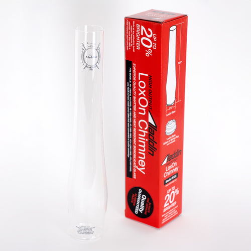 Clear borosilicate glass chimney 3 inches taller with printed logo, shown with bright red packaging highlighting up to 20% increased light output, part of Lamps & Lighting and Best Sellers collections.
