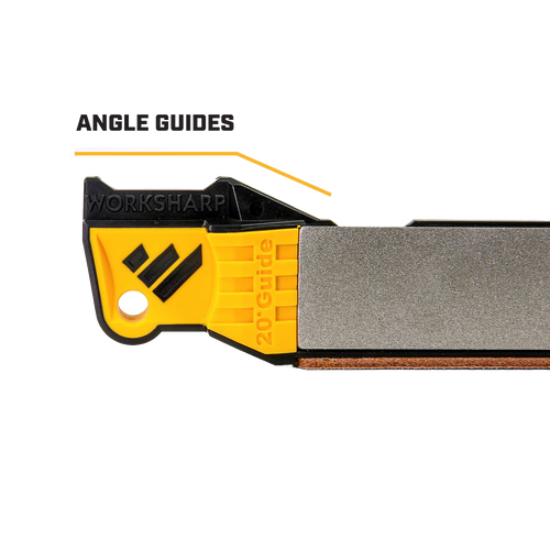 Compact sharpening tool with yellow and black angle guides, diamond surface, and leather strop designed for precise knife sharpening in Farm, Garden & Tool and Kitchen & Food collections.