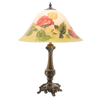 Handcrafted electric lamp featuring a painted glass shade with a hummingbird and floral design, brass base, made in USA, perfect for Home & Decor and Lamps & Lighting collections.