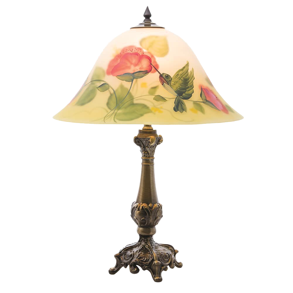 Handcrafted electric lamp featuring a painted glass shade with a hummingbird and floral design, brass base, made in USA, perfect for Home & Decor and Lamps & Lighting collections.