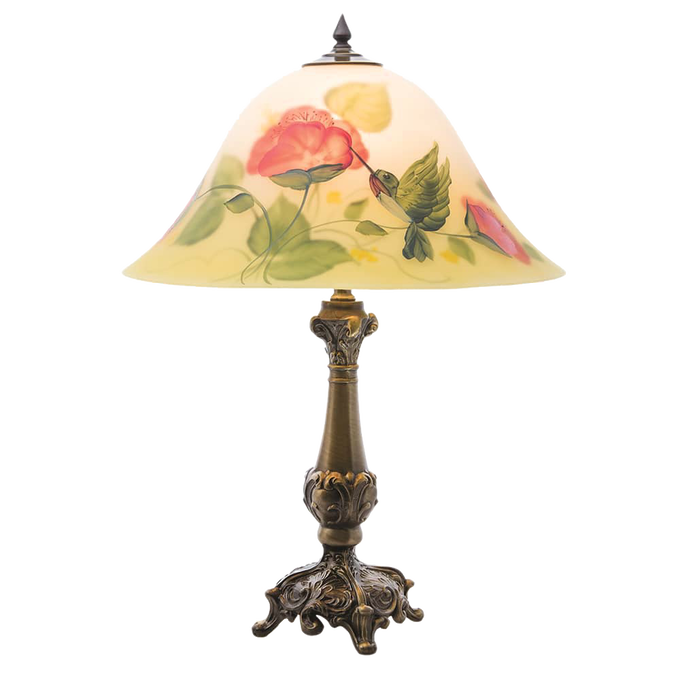 Handcrafted electric lamp featuring a painted glass shade with a hummingbird and floral design, brass base, made in USA, perfect for Home & Decor and Lamps & Lighting collections.