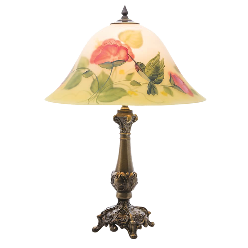 Handcrafted electric lamp featuring a painted glass shade with a hummingbird and floral design, brass base, made in USA, perfect for Home & Decor and Lamps & Lighting collections.