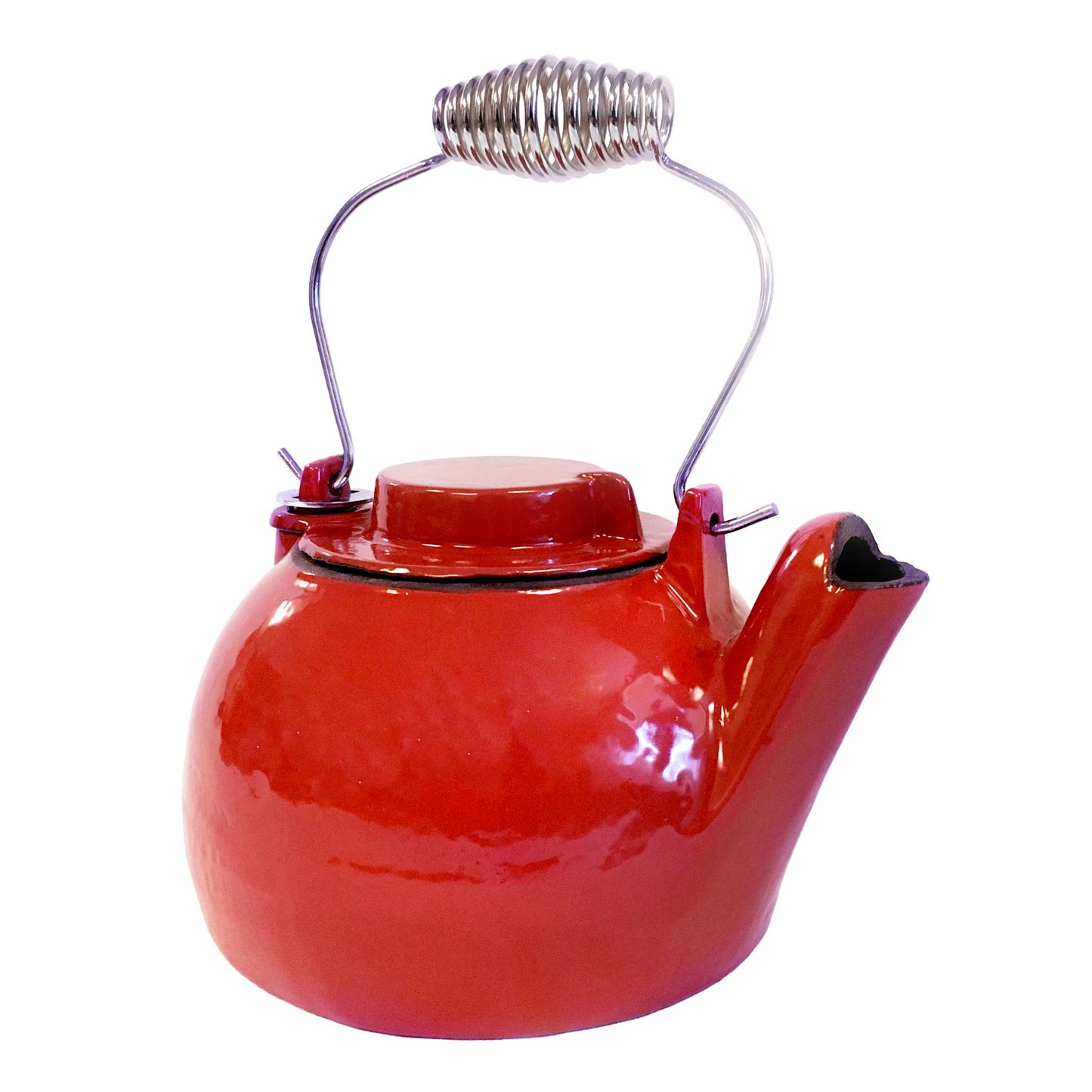 Durable 2-1/2 quart cast iron red enamel steamer kettle with coiled metal handle, crafted for wood stove use, ideal for Stoves, Hearth Accessories, Best Sellers, and Promo Eligible collections.
