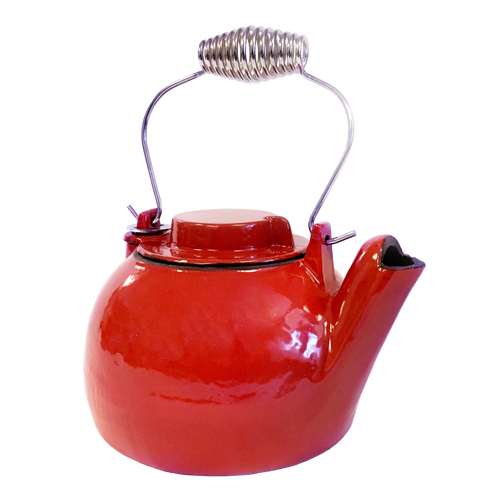 Durable 2-1/2 quart cast iron red enamel steamer kettle with coiled metal handle, crafted for wood stove use, ideal for Stoves, Hearth Accessories, Best Sellers, and Promo Eligible collections.