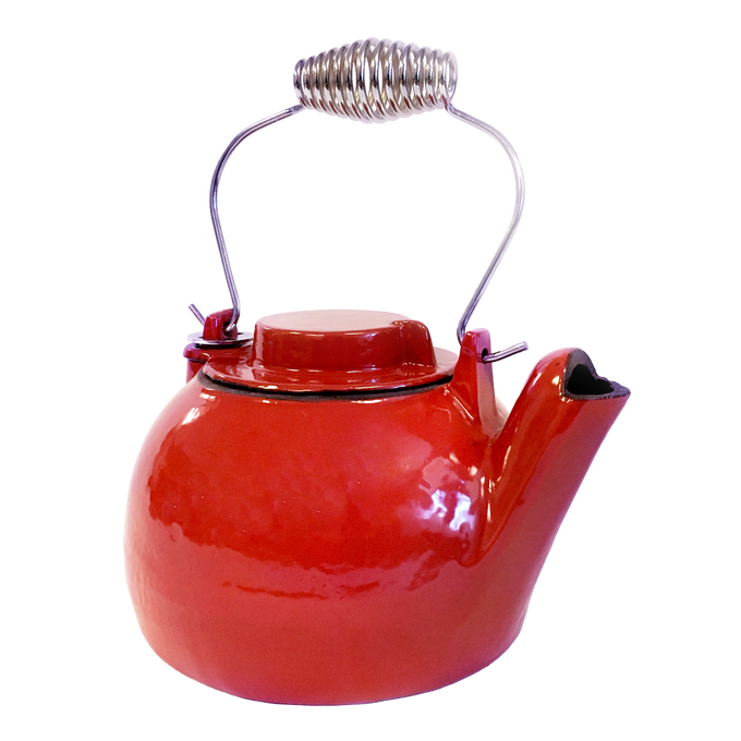 Durable 2-1/2 quart cast iron red enamel steamer kettle with coiled metal handle, crafted for wood stove use, ideal for Stoves, Hearth Accessories, Best Sellers, and Promo Eligible collections.
