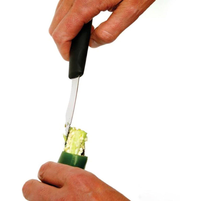 Hands using a black-handled corer to remove seeds from a green jalapeno pepper, featured in Farm, Garden & Tool, Kitchen & Food, Knives & Axes, Food Prep, Kitchen Gadgets, and Best Sellers collections.