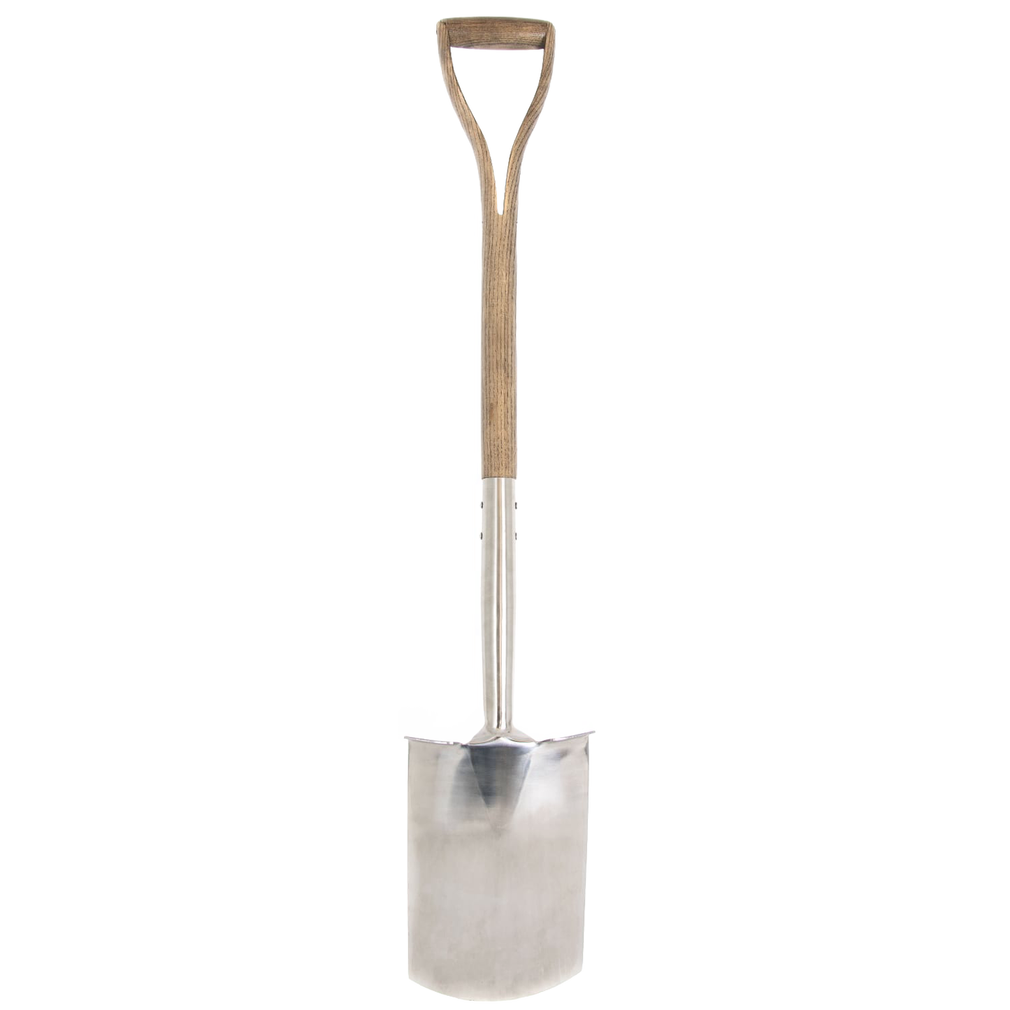 Handcrafted digging spade featuring a mirror-polished stainless steel head with treaded edge and a weatherproof hardwood D-handle shaft, designed for heavy-duty soil turning in Farm, Garden & Tool, Digging and Cultivating, Lawncare, and Best Sellers collections.