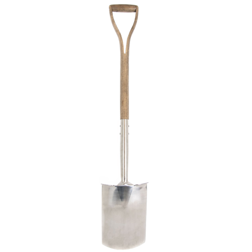 Handcrafted digging spade featuring a mirror-polished stainless steel head with treaded edge and a weatherproof hardwood D-handle shaft, designed for heavy-duty soil turning in Farm, Garden & Tool, Digging and Cultivating, Lawncare, and Best Sellers collections.
