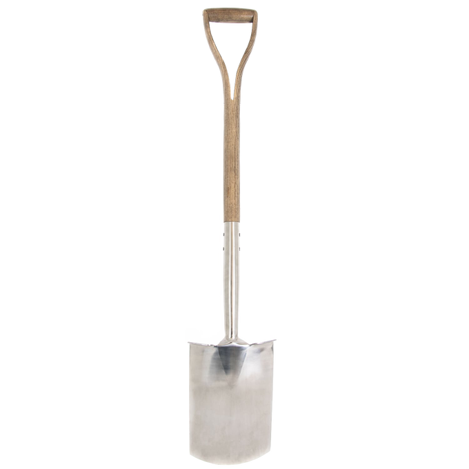 Handcrafted digging spade featuring a mirror-polished stainless steel head with treaded edge and a weatherproof hardwood D-handle shaft, designed for heavy-duty soil turning in Farm, Garden & Tool, Digging and Cultivating, Lawncare, and Best Sellers collections.