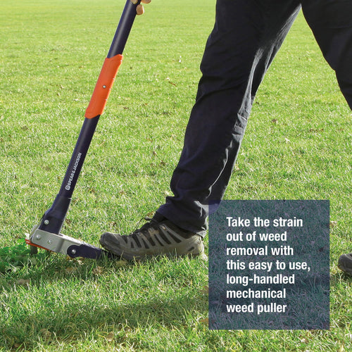 Person using a long-handled mechanical weed puller with rust-resistant stainless steel claws on a green lawn, featured in Farm, Garden & Tool and Lawncare collections.