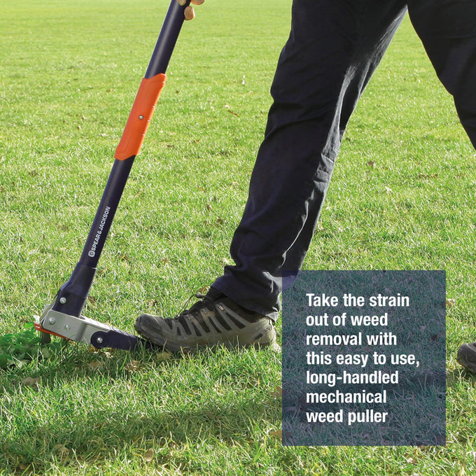 Person using a long-handled mechanical weed puller with rust-resistant stainless steel claws on a green lawn, featured in Farm, Garden & Tool and Lawncare collections.