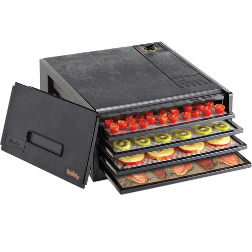 Electric food dryer with four stacked trays filled with sliced tomatoes, kiwi, apples, and meat, featuring adjustable thermostat and tough polycarbonate design, part of Kitchen & Food, Food Preservation, Drying, USA Made, and Best Sellers collections.