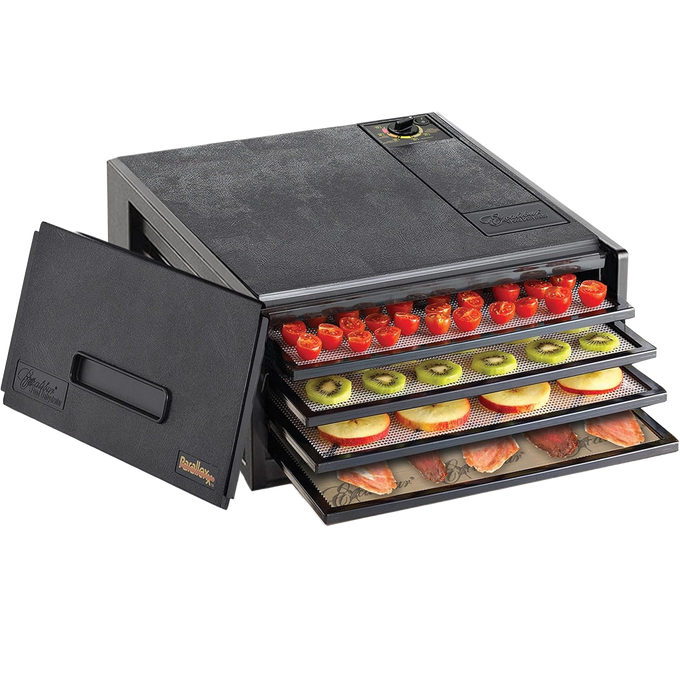Electric food dryer with four stacked trays filled with sliced tomatoes, kiwi, apples, and meat, featuring adjustable thermostat and tough polycarbonate design, part of Kitchen & Food, Food Preservation, Drying, USA Made, and Best Sellers collections.