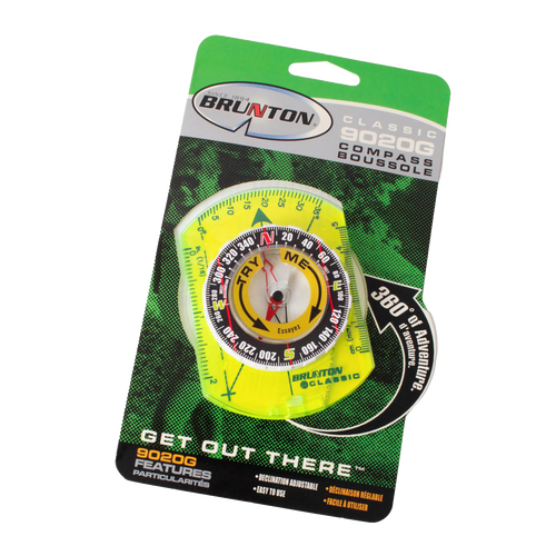 Bright yellow Brunton Classic 9020G compass in its packaging, designed for outdoor navigation and adventure, part of Camping and Hand Tools and Hardware collections.