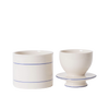 Two-piece ceramic butter crock with simple blue line accents, designed for soft, fresh butter storage without refrigeration, ideal for Kitchen & Food, Farm, Garden & Tool, and Making Butter collections.