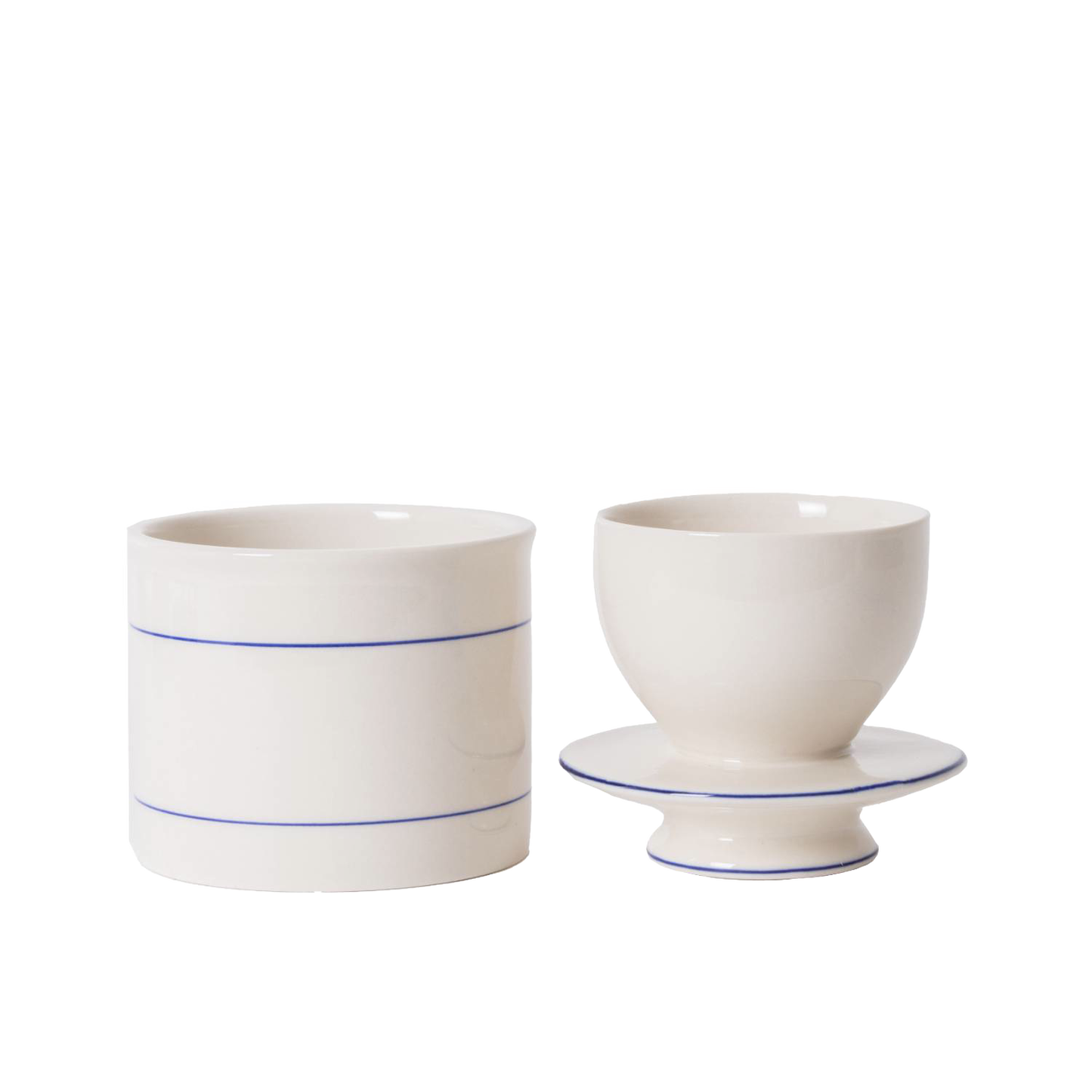 Two-piece ceramic butter crock with simple blue line accents, designed for soft, fresh butter storage without refrigeration, ideal for Kitchen & Food, Farm, Garden & Tool, and Making Butter collections.