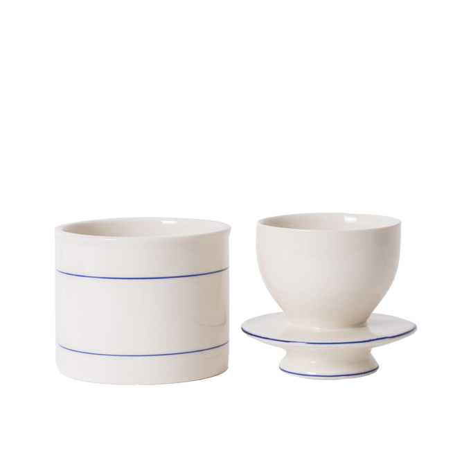 Two-piece ceramic butter crock with simple blue line accents, designed for soft, fresh butter storage without refrigeration, ideal for Kitchen & Food, Farm, Garden & Tool, and Making Butter collections.
