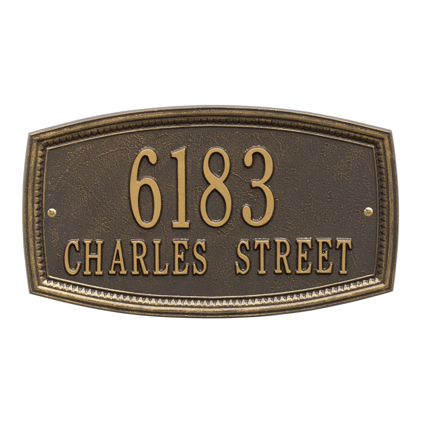 Bronze custom wall plaque with raised border featuring house numbers and street name, handcrafted and made in USA, ideal for Home & Decor, Mailboxes and Address Signs, and Best Sellers collections.